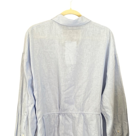 NWT ZARA Linen Tie Waist Button Blouse Blue Size L Oversized Fit - Picture 7 of 14